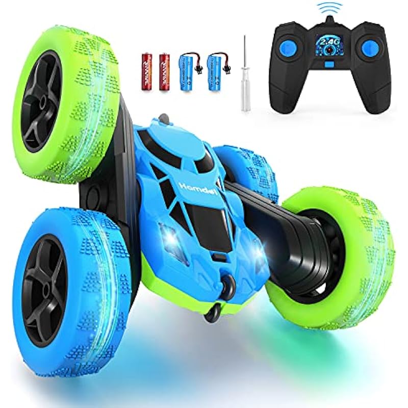 Hamdol Remote Control Car Double Sided 360°Rotating 4WD RC Cars with Headlights 2.4GHz Electric Race Stunt Toy Car Rechargeable Toy Cars for Boys Girls Birthday Blue&Green