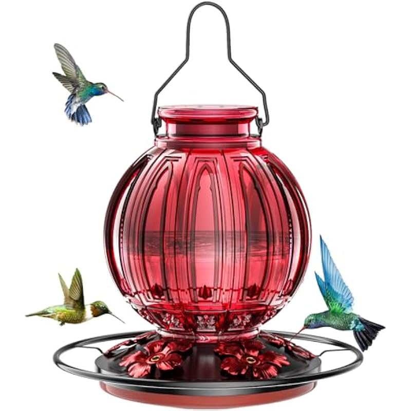 Glass Hummingbird Feeder for Outdoor Hanging, Bird Nectar Feeder with Perch & 5 Bee-Proof Flower Feeding Ports, 25 Oz Leak-Proof for Outside Garden Decor Backyard, Gifts for Women Mom, Red