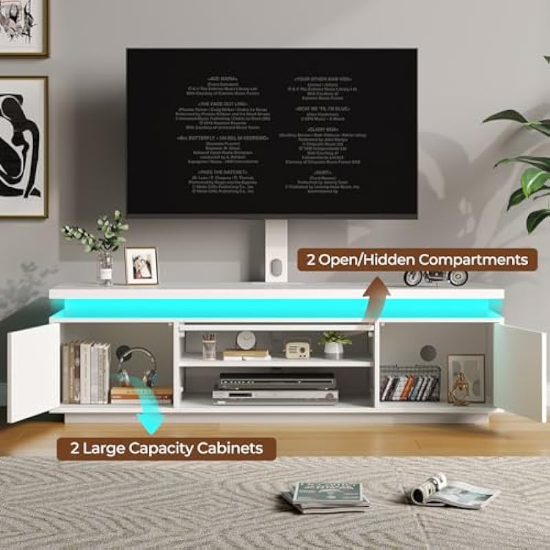 Rolanstar TV Stand with Mount & Power Outlet, 51″ Modern Entertainment Center for 32/45/55/60/65 Inches TVs, Media Console with Storage Cabinet & LED Light, TV Table for Living Room, Bedroom, White