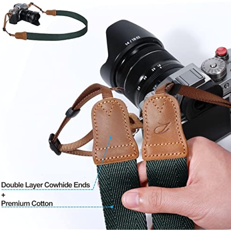 Dark Green Camera Strap,Double Layer top-grain Cowhide Ends,1.5″Wide Pure Cotton Woven Camera Strap,Adjustable Universal Neck & Shoulder Strap for All DSLR Cameras,Great Gift for Photographers