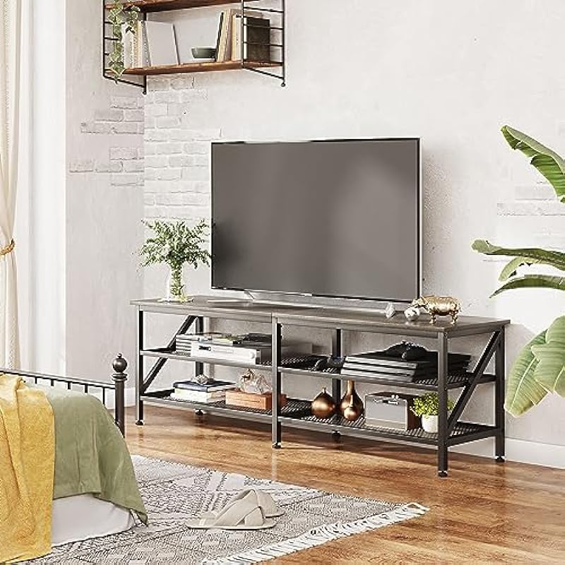 Mexin TV Stand for 65 75 Inch TV, 63 Inch TV Stand with Storage, TV Bench for Living Room and Bedroom, Modern TV Console, Entertainment Center, Grey Oak