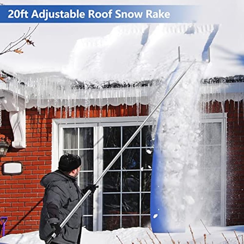 Signstek 20FT Snow Roof Rake for Snow Removal Tool with Wheels and Adjustable Extended Handle, Reach Durable Aluminum Roof Shovel – Easily Remove Hard to Reach Snow – Ideal for Long or Low-Pitched Roofs