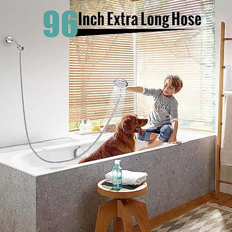 Shower Head, SR SUN RISE 6-Settings 5″ High Pressure Handheld Shower Head Set with 2.45 Meter/96 Inch/ 8 FT Long Shower Hose and Shower Arm Mount with Brass Ball Joint,Chrome