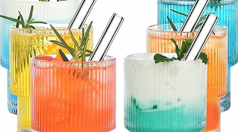 ALINK 7 oz Ribbed Drinking Water Glasses with Glass Straws 6pcs Set, Vintage Iced Coffee Cups Glassware, Origami Style Ridged Glass Tumbler for Coocktail, Whiskey, Beer - Cleaning Brush