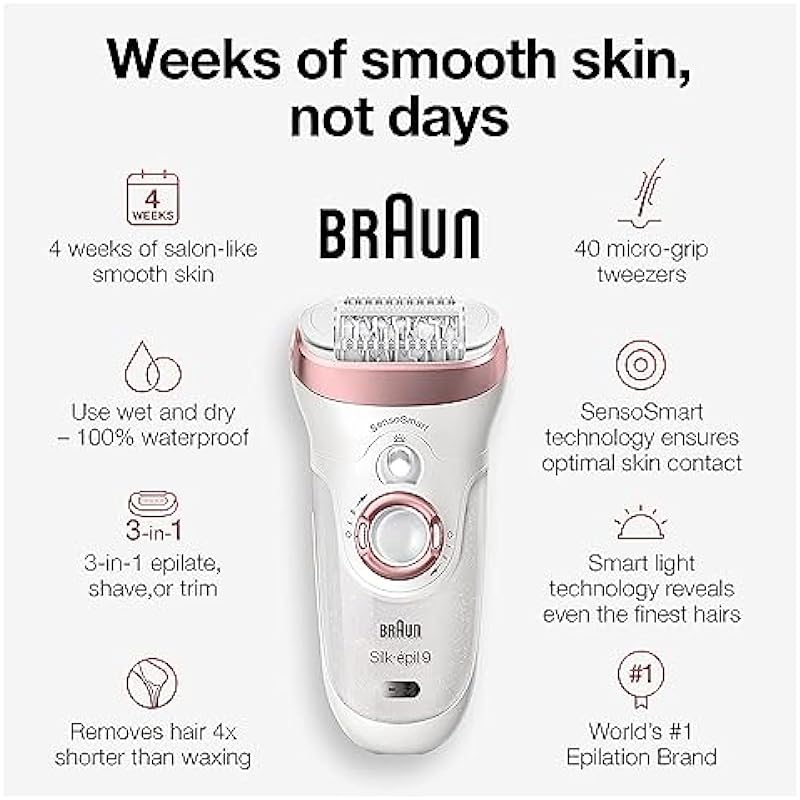 Braun Epilator, Hair Removal for Women, Series 9-890 Silk-Epil Sensosmart Epilator with Shaver and Face/Bikini Trimmer