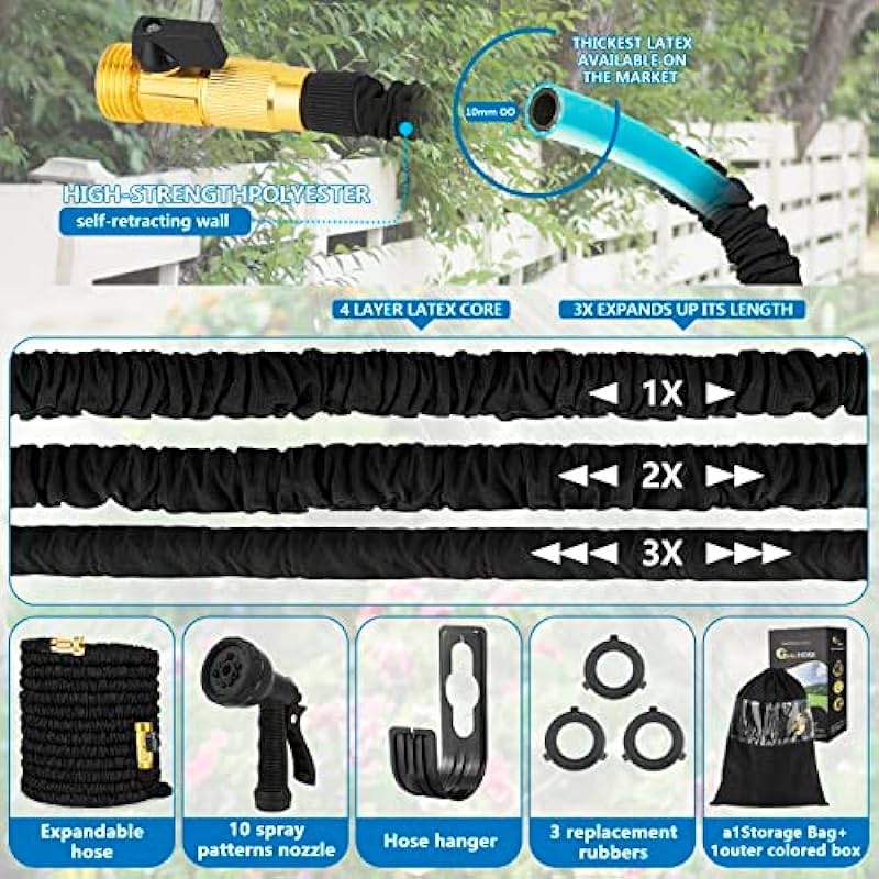 JUILA-YUN Expandable Garden Hose 50ft with 3/4 Solid Brass Fittings & 10 Function Spray Nozzle, 4-Layer Latex Core Flexible Water Hose Pipe, No Kink Anti-Leakage Retractable for Gardening (Black)