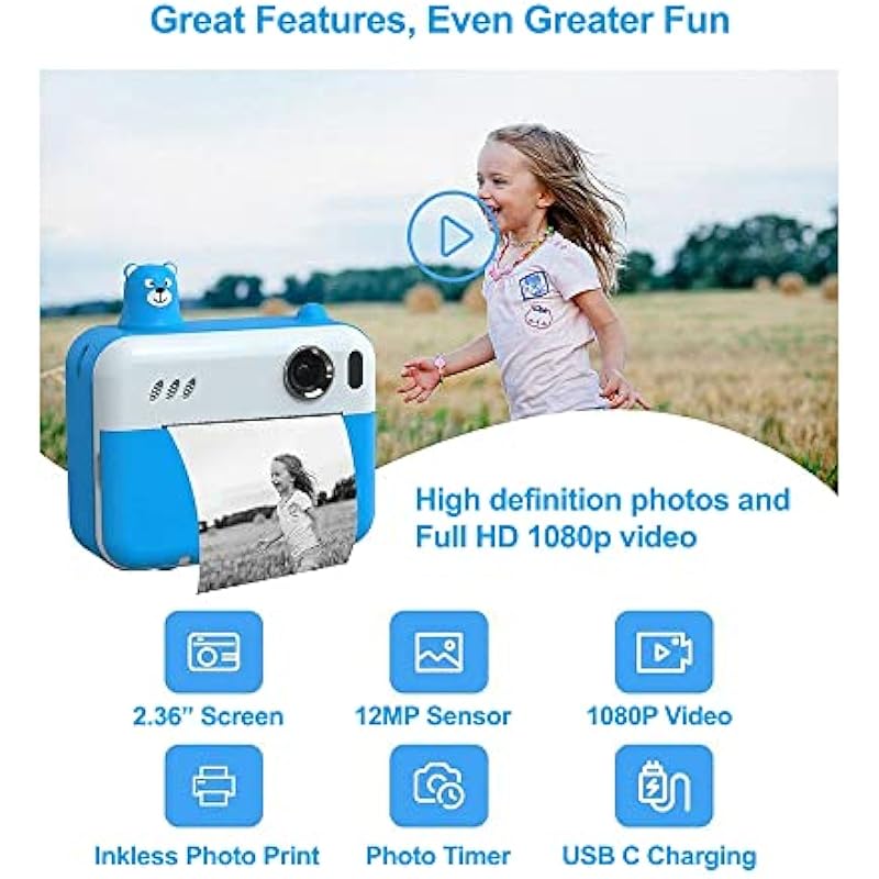 Acuvar 1080P HD Instant Print Camera for Kids, with Selfie Camera, Digital Zero Ink Video Camera with 2 Rolls of Print Paper, 32GB SD for Girls and Boys Gifts (Blue)