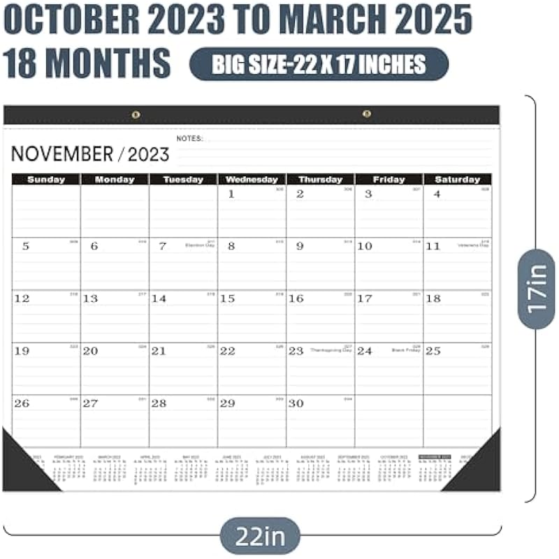 Desk Calendar 2024-2025 large 22 x17,Large Desk Calendar 2023-2024(Oct.2023 – Mar.2025),Professional 2024 Calendar large 22 x17,Calendar 2024 Monthly Classic Black