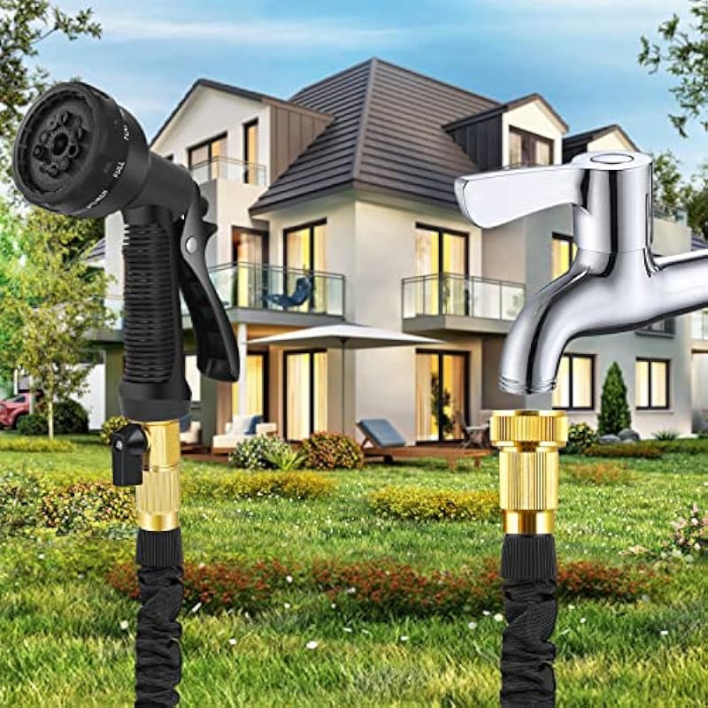 JUILA-YUN Expandable Garden Hose 50ft with 3/4 Solid Brass Fittings & 10 Function Spray Nozzle, 4-Layer Latex Core Flexible Water Hose Pipe, No Kink Anti-Leakage Retractable for Gardening (Black)