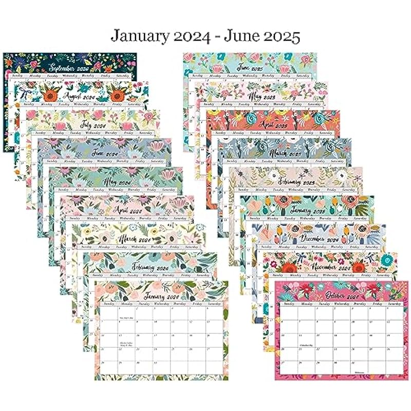 Desk Calendar 2024-2025, Creative Floral 8.66” x 7.05” Desktop Calendar Runs from Jan. 2024 until Jun. 2025, Monthly Table Calendar for Scheduling in Office, Home and School – Blue