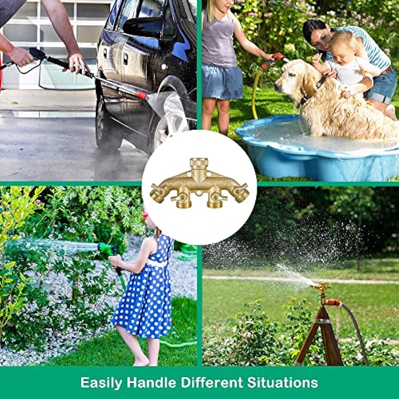 Hourleey Brass Garden Hose Splitter (4 Way), Solid Brass Hose Connector 3/4″, Hose Spigot Adapter 4 Valves with 4 Extra Rubber Washers