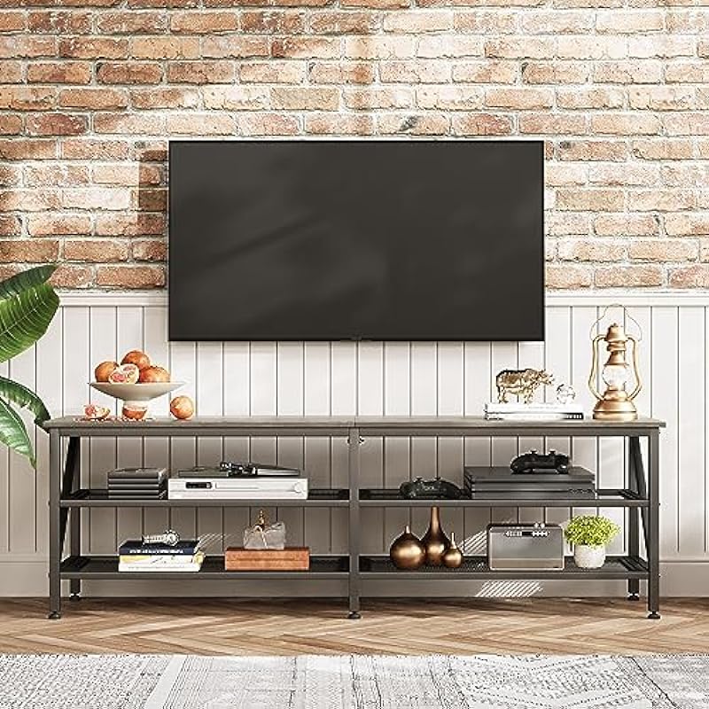 Mexin TV Stand for 65 75 Inch TV, 63 Inch TV Stand with Storage, TV Bench for Living Room and Bedroom, Modern TV Console, Entertainment Center, Grey Oak