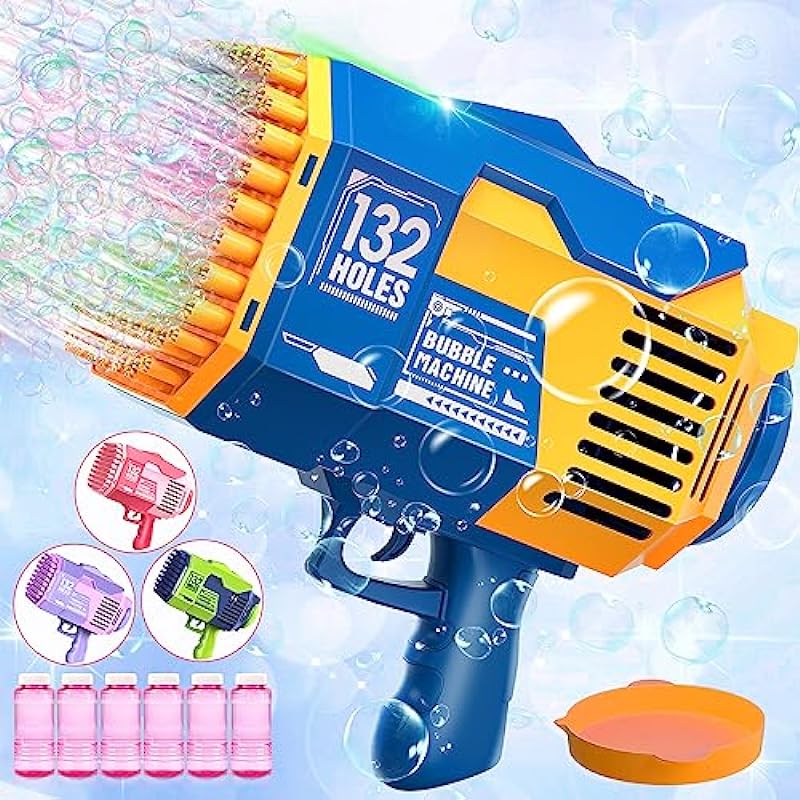 Bubble Machine Gun with Lights, 132 Holes 10000+ Bubbles Per Minute Bubbles for Adults Kids Toddlers Bubble Maker Toys for Indoor Outdoor Birthday Wedding Party Gift,Blue