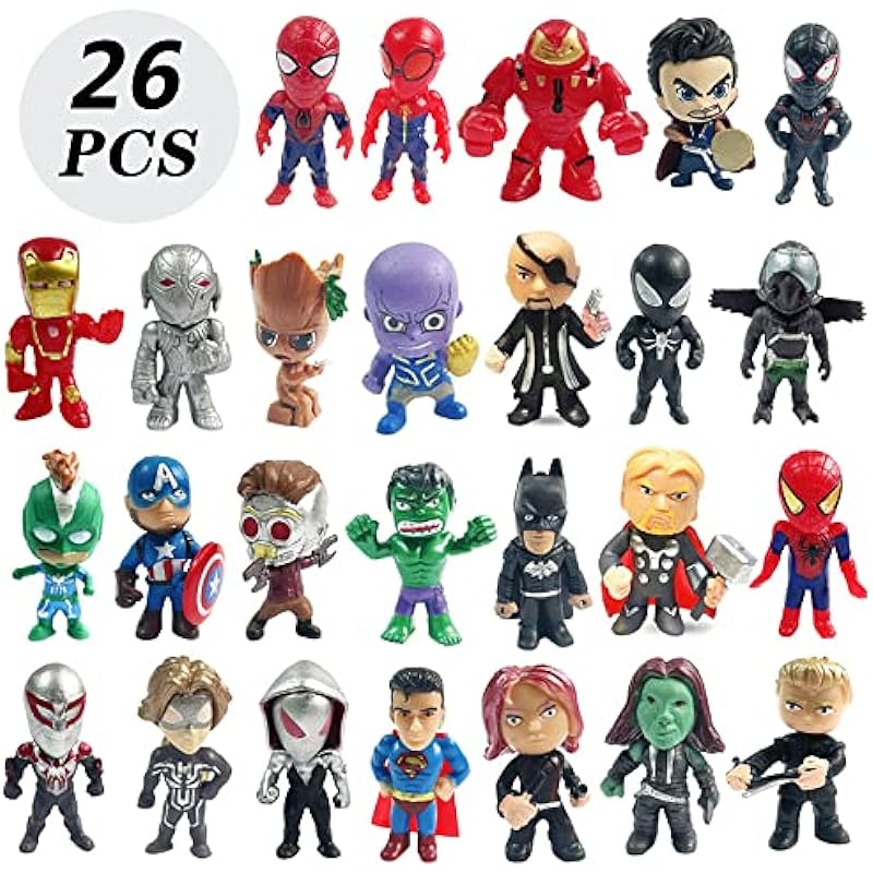 HJIAYAN 26 Mini Superhero Figure Sets, Birthday Gift Cupcake Figurines, Kids Superhero Themed Party Supplies