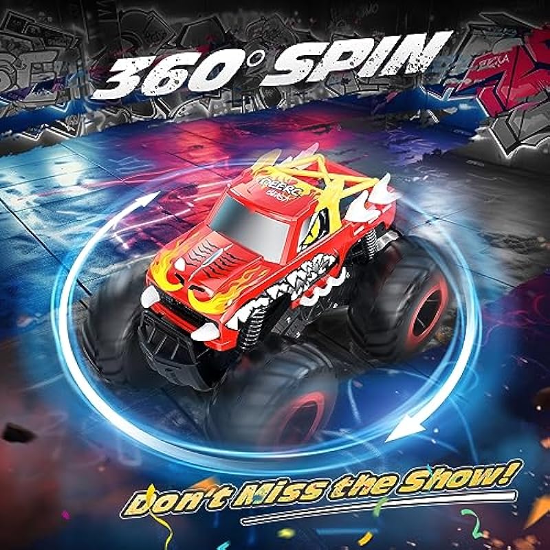 DEERC 1:16 Amphibious RC Monster Truck W/Dragon Graffiti, IPX7 Waterproof Remote Control Cars for Kids, 2.4GHz 4WD Dinosaur Truck W/ 360° Rotation, All Terrain RC Car Boat Toys Gift for Boys Girls