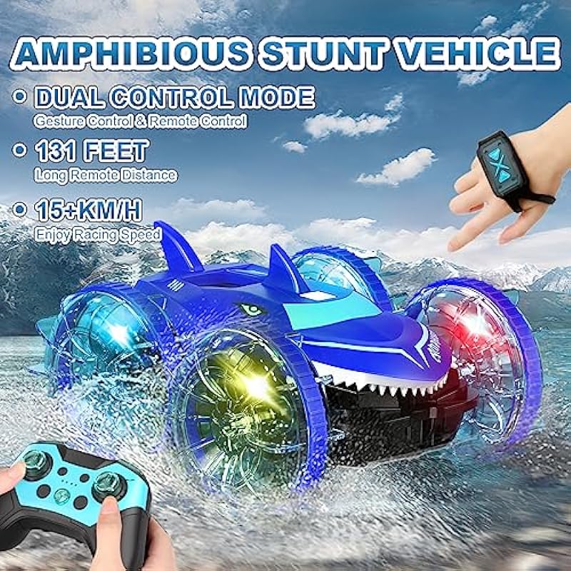 Amphibious RC Car with Lights for Kids 3-12 Year Old Gesture Hand Controlled Remote Control Boat 4WD 2.4 GHz Waterproof RC Stunt Car 360° Rotating Water Beach Pool Toys Gifts for Boys Girls(Blue)