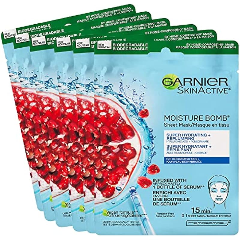 Garnier Moisture Bomb Super Hydrating Sheet Mask with Hyaluronic Acid and Pomegranate, 6 Pack, 6 x 28 g