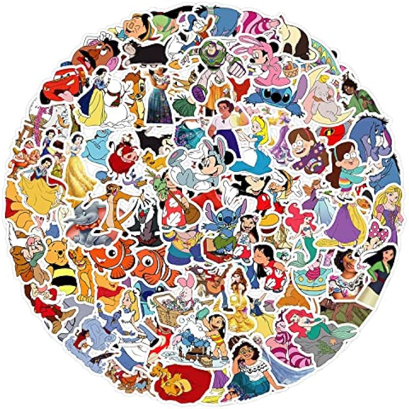 100Pcs Princess Stickers, Waterproof Vinyl Mickey Minnie Stickers, Asverbet Kids Stickers Decals for Laptop, Computer, Mac-book, Water Bottle, Luggage, Notebook, Skateboard, Cycle, Kids, Teens, Adults