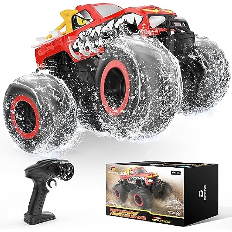 DEERC 1:16 Amphibious RC Monster Truck W/Dragon Graffiti, IPX7 Waterproof Remote Control Cars for Kids, 2.4GHz 4WD Dinosaur Truck W/ 360° Rotation, All Terrain RC Car Boat Toys Gift for Boys Girls