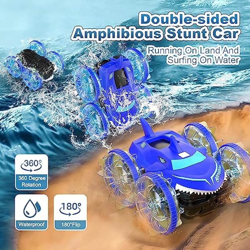 Amphibious RC Car with Lights for Kids 3-12 Year Old Gesture Hand Controlled Remote Control Boat 4WD 2.4 GHz Waterproof RC Stunt Car 360° Rotating Water Beach Pool Toys Gifts for Boys Girls(Blue)