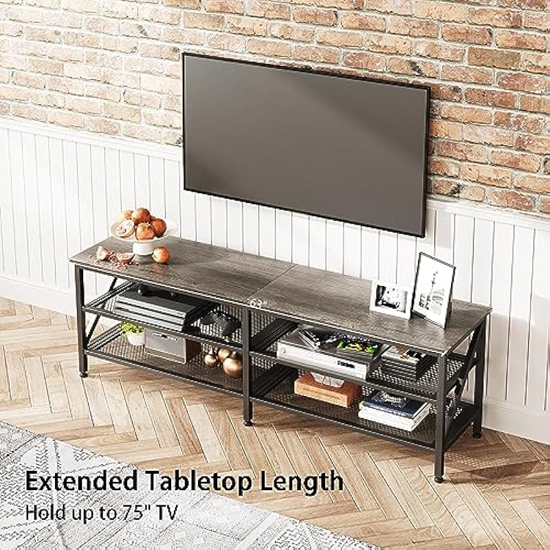 Mexin TV Stand for 65 75 Inch TV, 63 Inch TV Stand with Storage, TV Bench for Living Room and Bedroom, Modern TV Console, Entertainment Center, Grey Oak