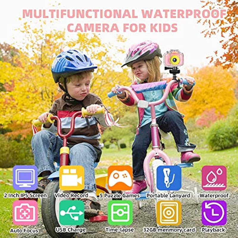 Miiulodi Kids Waterproof Camera – Birthday Gifts for 3 4 5 6 7 8 9 10 Year Old Girls 2 Inch IPS Screen Underwater Action Camera with 32 GB SD Card, Pool Toys for Kids Age 8-12 Pink