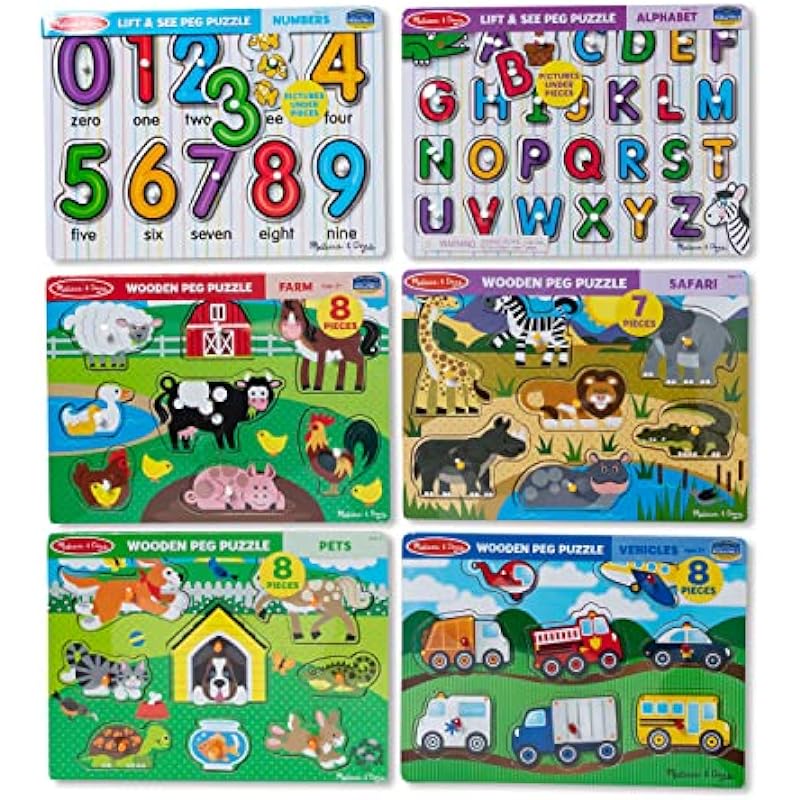 Melissa & Doug Wooden Peg Puzzle 6 Pack Numbers, Letters, Animals, Vehicles