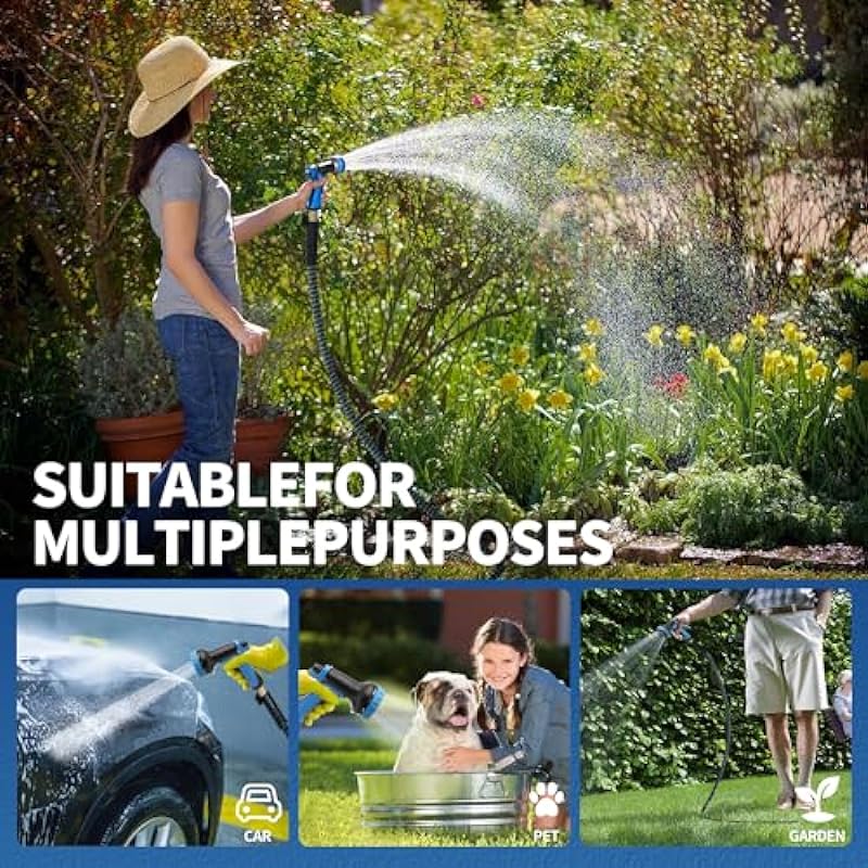 GUKOK 25 FT Expandable Garden Hose, Water Hose with 10-Function High-Pressure Spray Nozzle, Heavy Duty Flexible Hose, 3/4″ Solid Brass Fitting