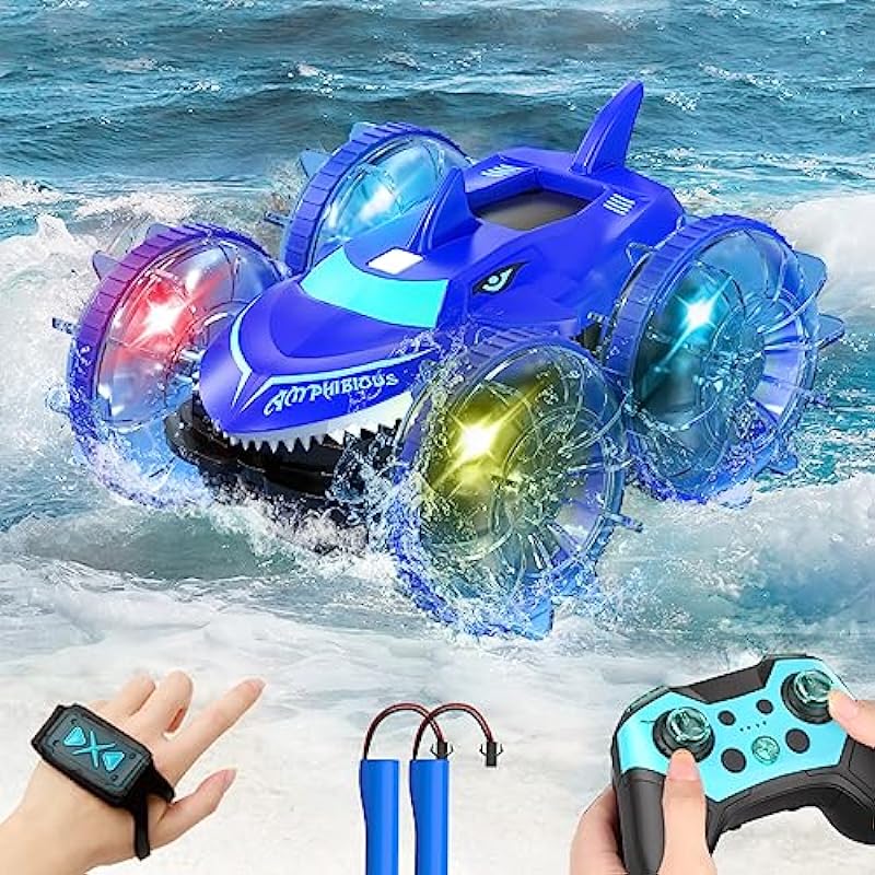 Amphibious RC Car with Lights for Kids 3-12 Year Old Gesture Hand Controlled Remote Control Boat 4WD 2.4 GHz Waterproof RC Stunt Car 360° Rotating Water Beach Pool Toys Gifts for Boys Girls(Blue)