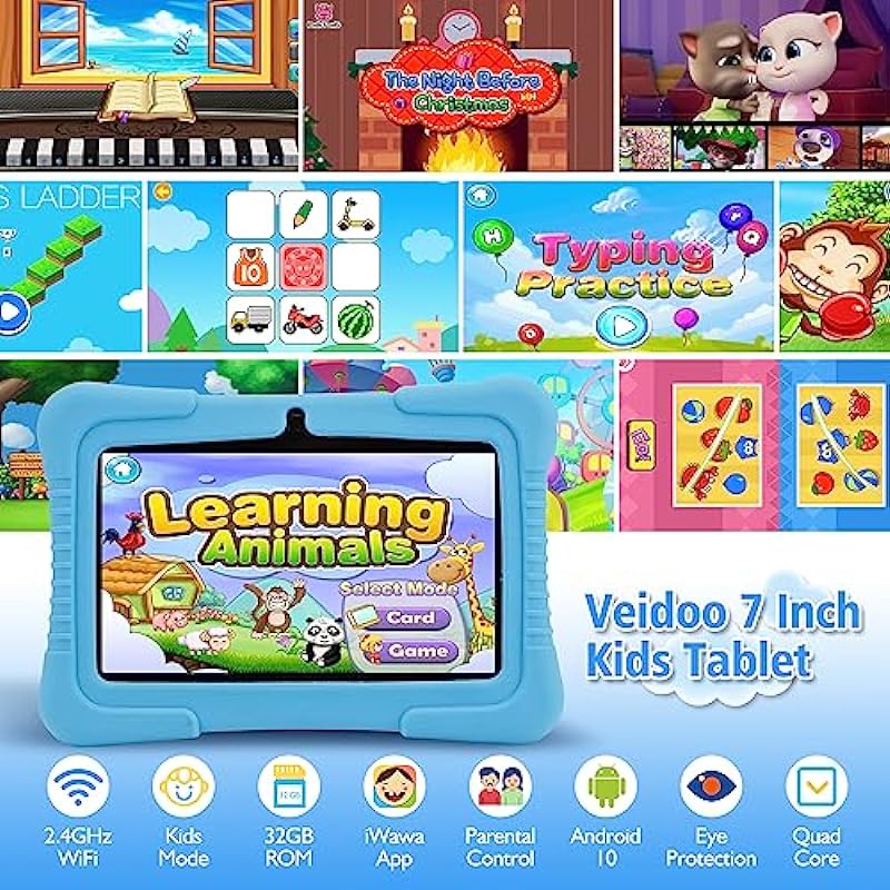 Veidoo Kids Tablet, 7 inch Android Tablet PC, 2GB RAM 32GB ROM, Safety Eye Protection IPS Screen, WiFi, Dual Camera, Games, Parental Control APP, Learning Tablet for Kids