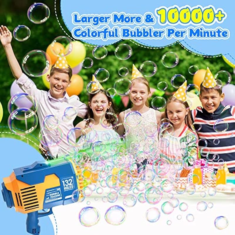 Bubble Machine Gun with Lights, 132 Holes 10000+ Bubbles Per Minute Bubbles for Adults Kids Toddlers Bubble Maker Toys for Indoor Outdoor Birthday Wedding Party Gift,Blue