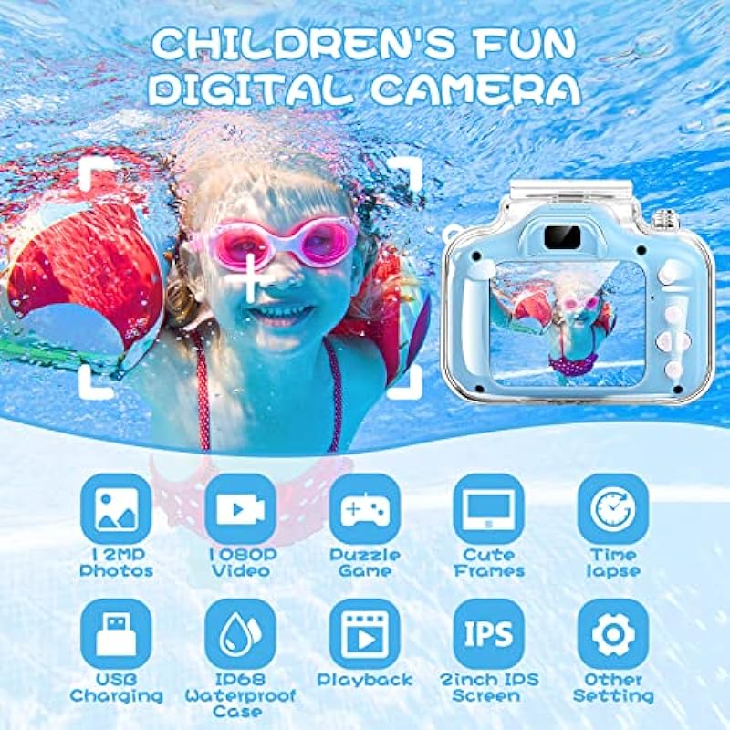 Waterproof Kids Camera Toys for 3-9 Year Old Boys Girls,1080P Children Digital Camera with 32GB TF Card,Video Camera for Kids,Voice Recorder Toys Birthday Valentines Day Gifts for kids, Fun Kids Digital Camera for Your Little Valentine (Blue)