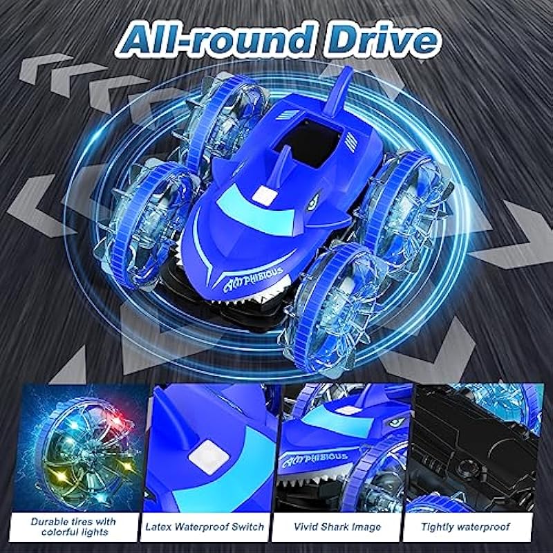 Amphibious RC Car with Lights for Kids 3-12 Year Old Gesture Hand Controlled Remote Control Boat 4WD 2.4 GHz Waterproof RC Stunt Car 360° Rotating Water Beach Pool Toys Gifts for Boys Girls(Blue)