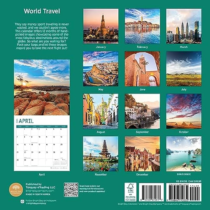 2024 World Travel Monthly Wall Calendar by Bright Day, 12 x 12 Inch