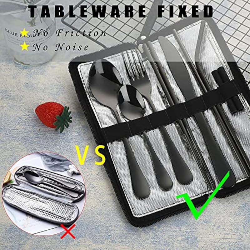 Portable Travel Utensils, Reusable Silverware with Case for Fixing Tableware, 9 Pieces Stainless Steel Stable Flatware Set, Camping Picnic Cutlery Set (Black Set)