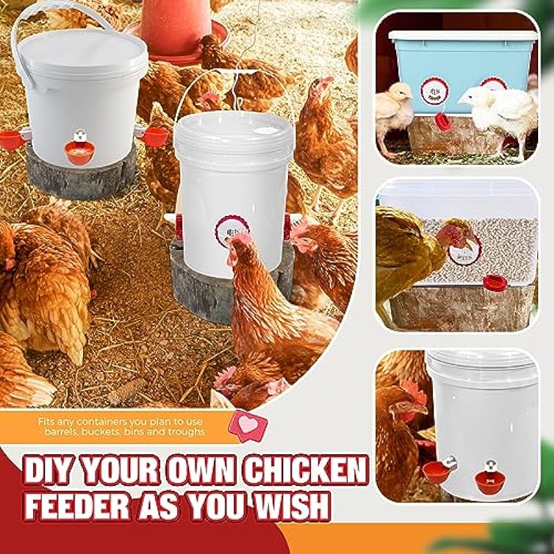 DIY Chicken Feeder and Chicken Waterer Set, Automatic No Waste Chicken Coop Accessories with 6 Chick Feeder Ports and 8 Chicken Water Feeder Cups, Rain-Proof Poultry Feeders Kit with Rat Stopper Cap