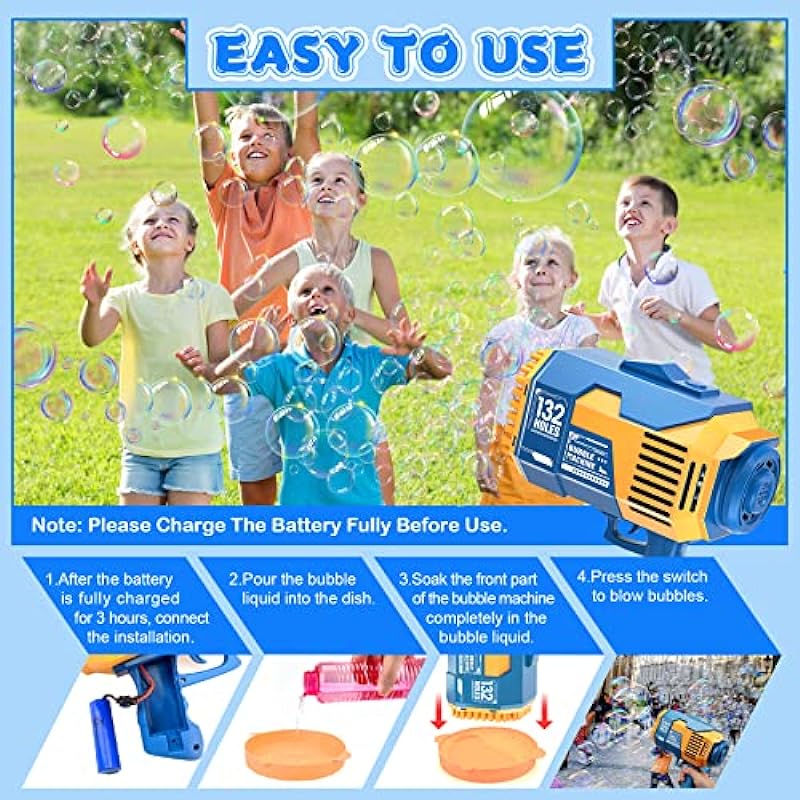 Bubble Machine Gun with Lights, 132 Holes 10000+ Bubbles Per Minute Bubbles for Adults Kids Toddlers Bubble Maker Toys for Indoor Outdoor Birthday Wedding Party Gift,Blue