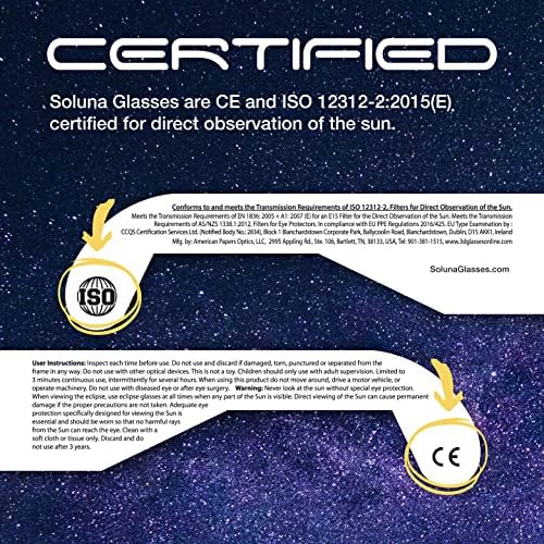 Soluna Solar Eclipse Glasses – CE and ISO Certified Safe Shades for Direct Sun Viewing – Made in the USA (5 Pack) – Lunettes Pour éclipse Solaire