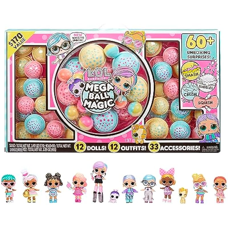 L.O.L. Surprise! Mega Ball Magic – 12 Collectible Dolls, 60+ Surprises, 170 Value, 4 Unboxing Experiences, Squish Sand, Bubbles, Gel Crush, Shell Smash, Fashions Limited Edition Gift,Girls 3+