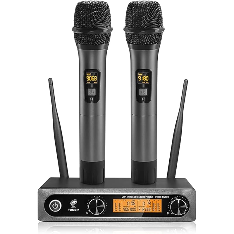 TONOR Wireless Microphone,Metal Dual Professional UHF Cordless Dynamic Mic Handheld Microphone System 200ft(TW-820)