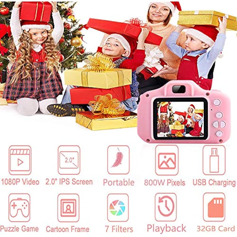 Hoiidel Kids Camera, Birthday Christmas Holiday Kids Gifts for 3-12 Age Girls Boys Toys, 2 Inch 1080P Rechargeable Action Camera with 32GB SD Card，Reader Card (Pink(Carder Reader))