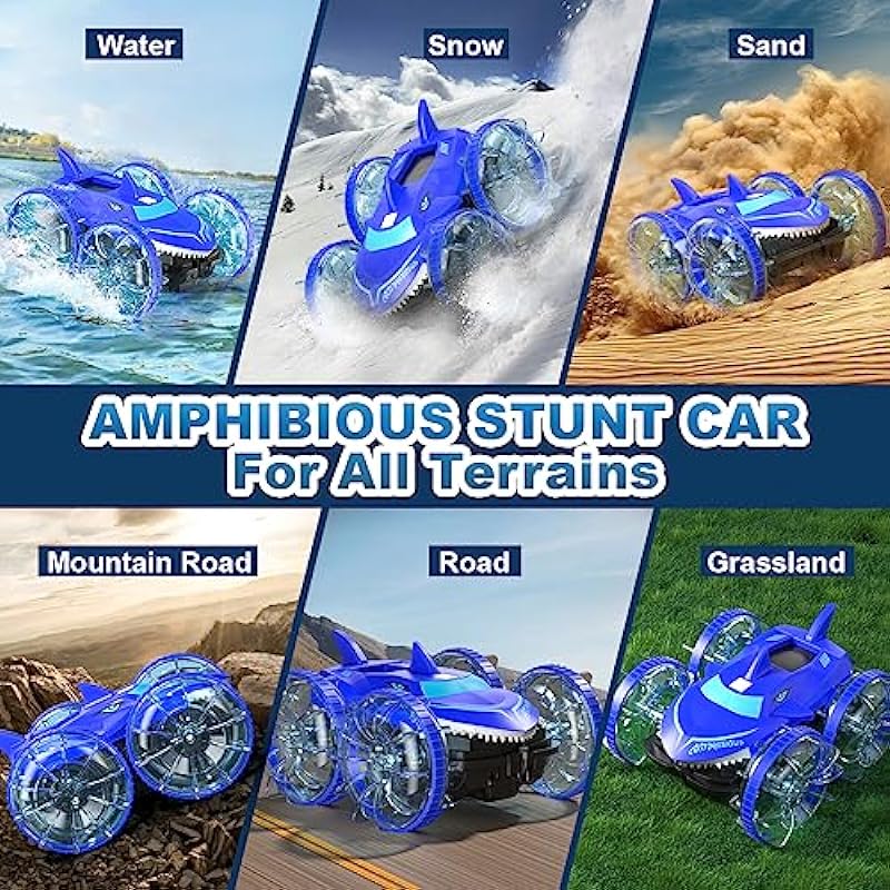 Amphibious RC Car with Lights for Kids 3-12 Year Old Gesture Hand Controlled Remote Control Boat 4WD 2.4 GHz Waterproof RC Stunt Car 360° Rotating Water Beach Pool Toys Gifts for Boys Girls(Blue)