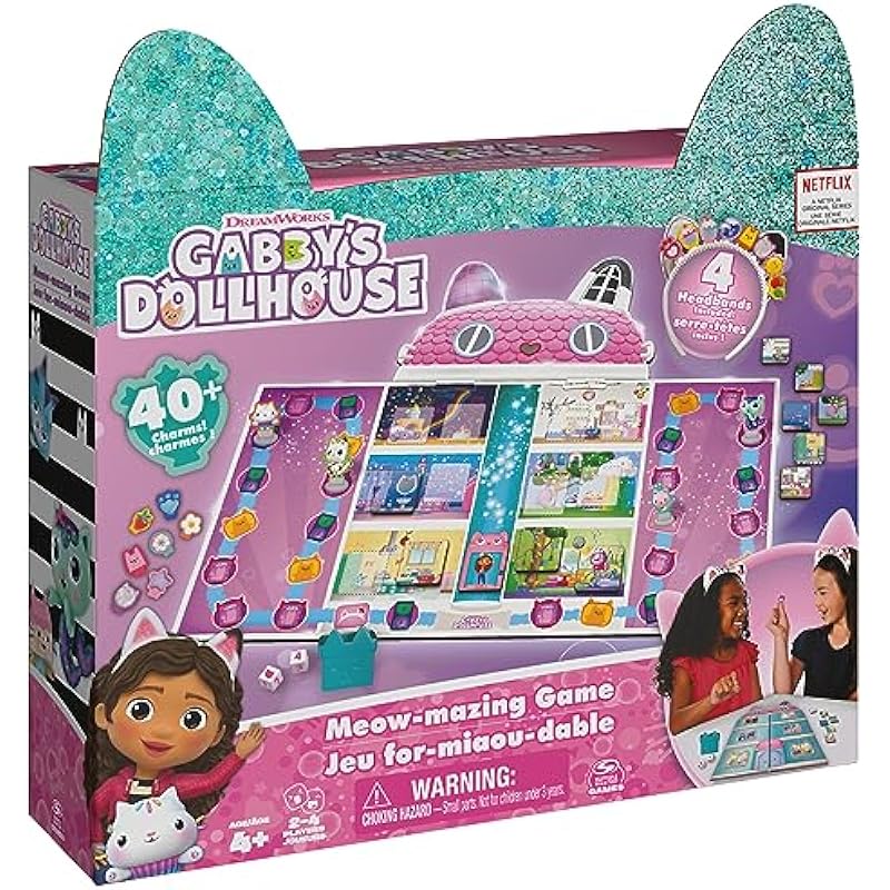 Gabby’s Dollhouse, Meow-Mazing Board Game Based on The DreamWorks Netflix Show with 4 Kitty Headbands, for Families & Kids Ages 4 and up