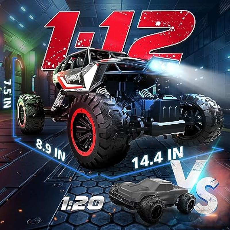 DEERC 1:12 RC Car, 4WD Remote Control Car W/Metal Shell, Off Road Monster Truck W/Dual Motors, LED Headlight, 2.4Ghz All Terrain RC Rock Crawler Gifts for Kids Boys Adults (2 Batteries)