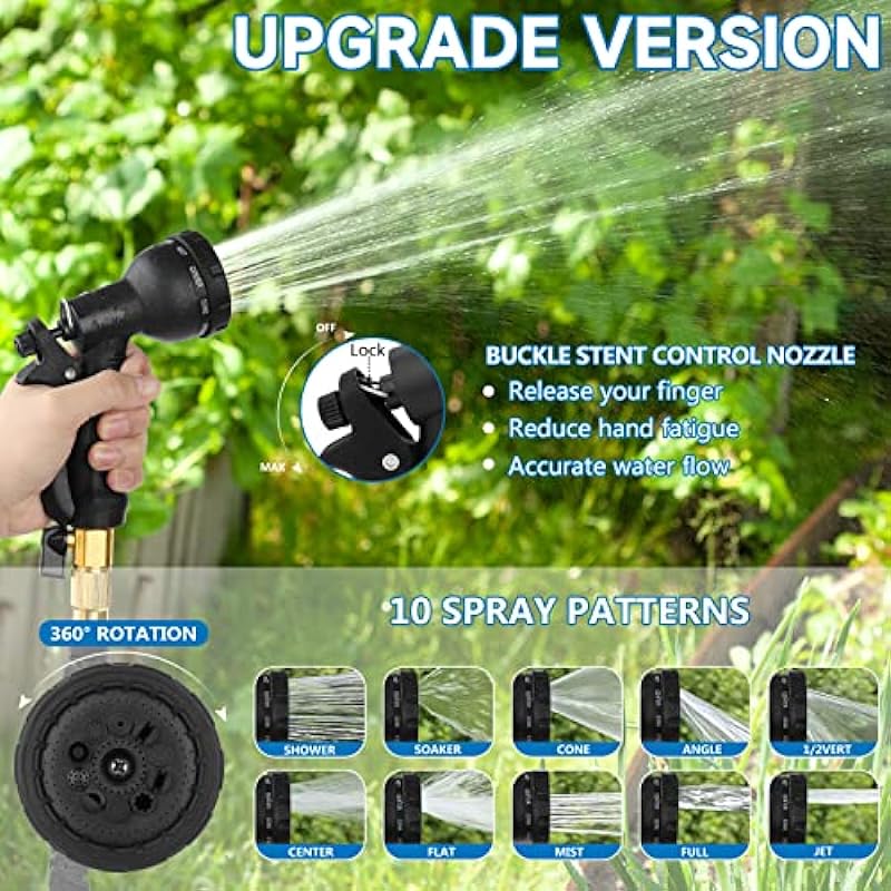 JUILA-YUN Expandable Garden Hose 50ft with 3/4 Solid Brass Fittings & 10 Function Spray Nozzle, 4-Layer Latex Core Flexible Water Hose Pipe, No Kink Anti-Leakage Retractable for Gardening (Black)