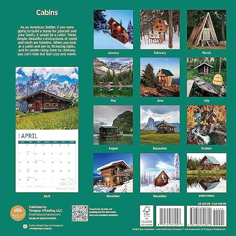 2024 Cabins Monthly Wall Calendar by Bright Day, 12 x 12 Inch