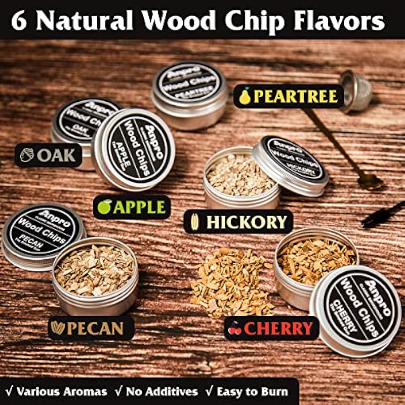 Cocktail Smoker Kit – Anpro Whiskey Smoker Kit with 6 Flavors Wood Chips for Infuse Bourbon Cocktail, Gifts for Men/Whiskey Lovers/Dad (No Butane)