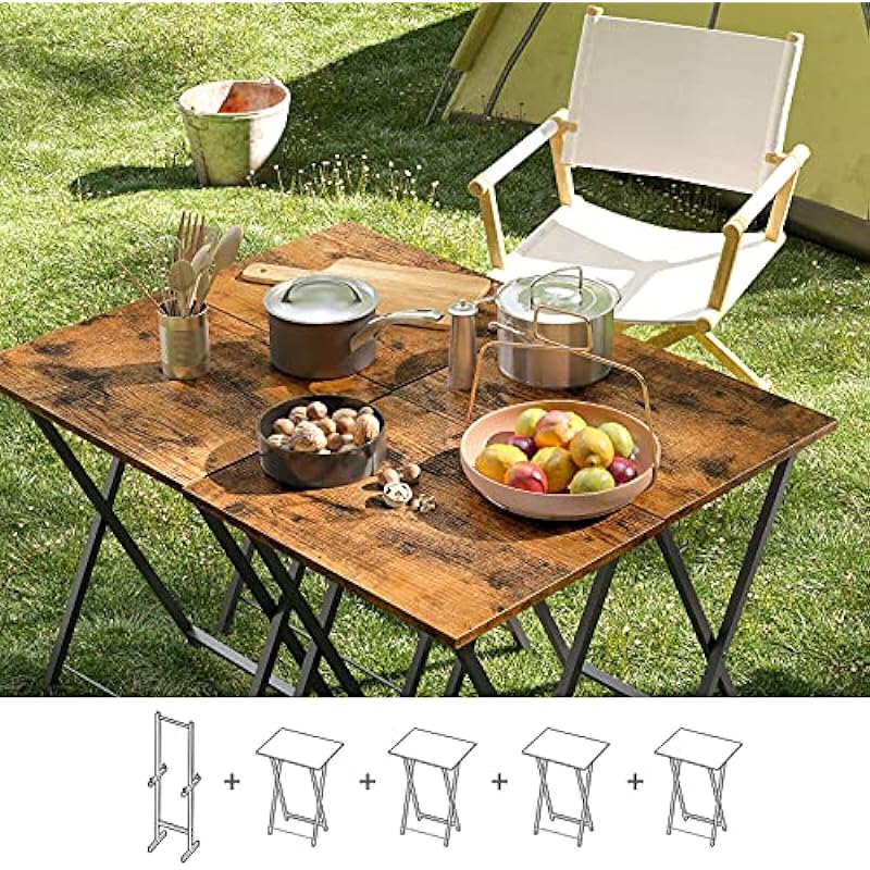 HOOBRO TV Trays, Set of 4 TV Tables with Storage Rack, Industrial Side Table for Eating at Couch, Folding Snack Table for Small Space, Easy Storage, Easy Assembly, Rustic Brown BF50BZ01