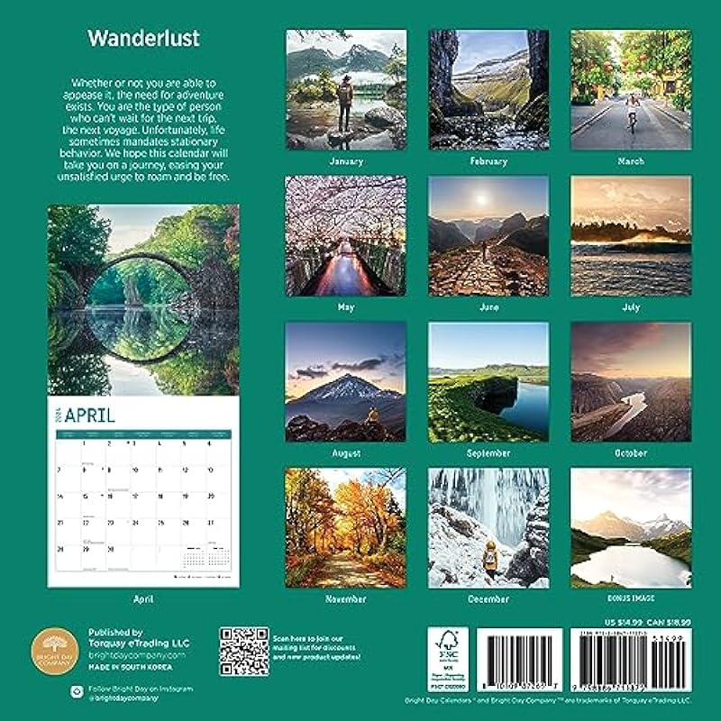 2024 Wanderlust Monthly Wall Calendar by Bright Day, 12 x 12 Inch