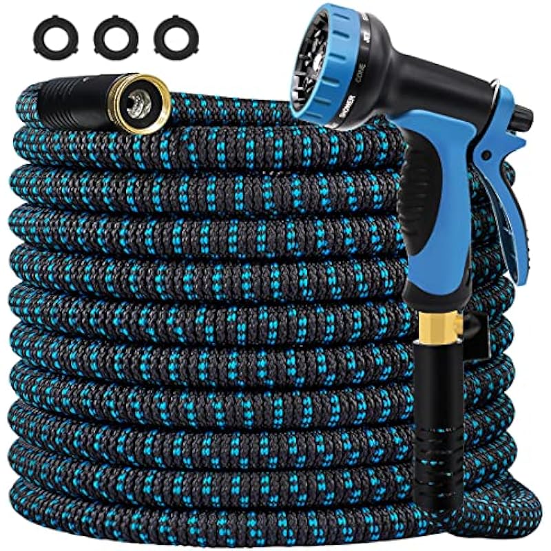 GUKOK 25 FT Expandable Garden Hose, Water Hose with 10-Function High-Pressure Spray Nozzle, Heavy Duty Flexible Hose, 3/4″ Solid Brass Fitting